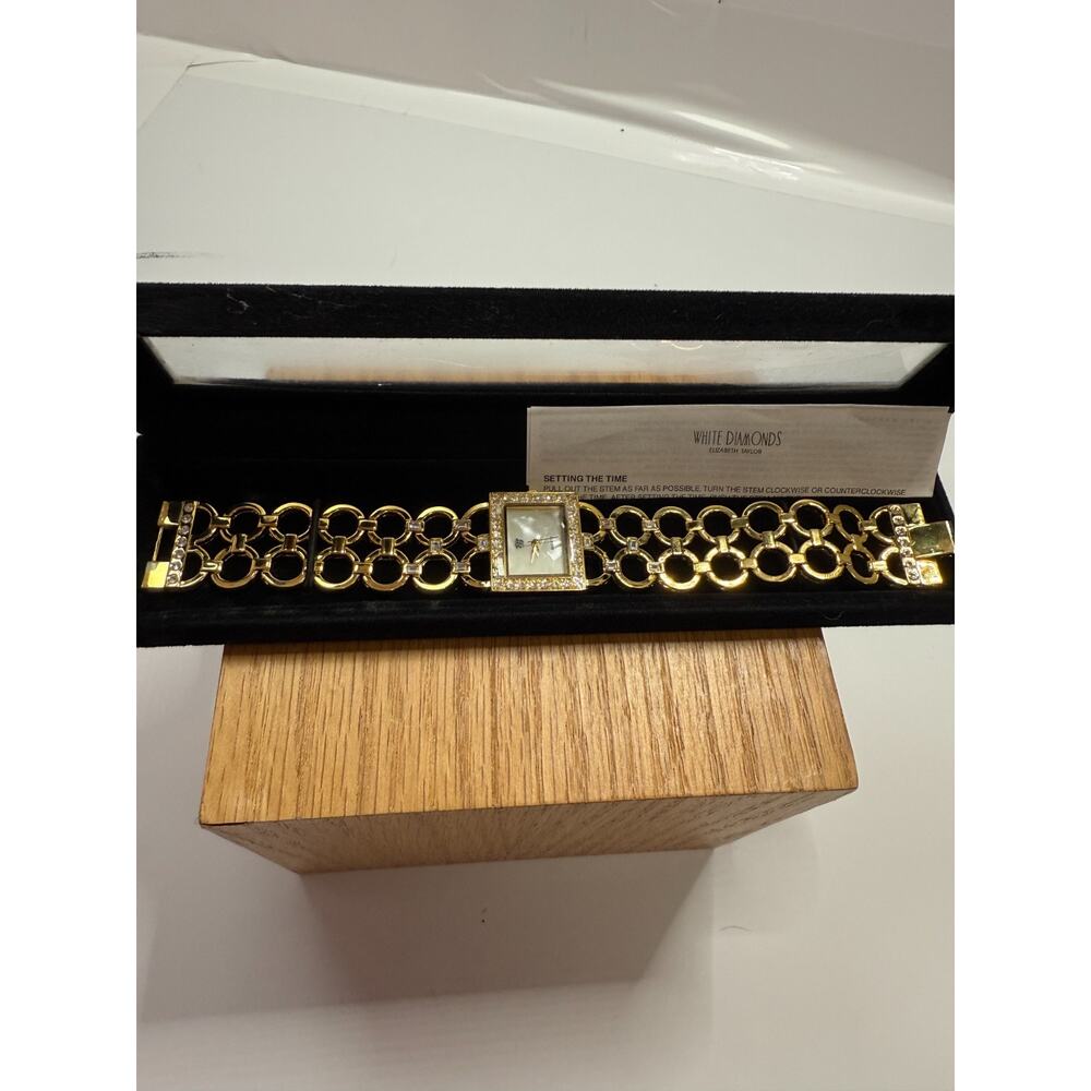 Elizabeth Taylor White Diamonds Gold Tone Crystal Bracelet Watch Elegant Gift